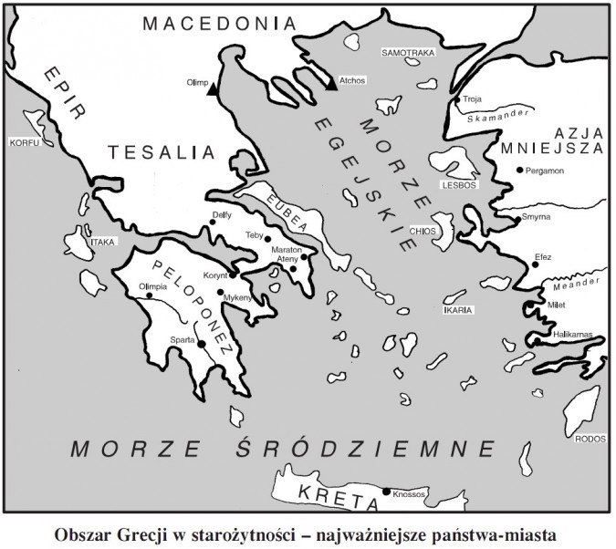 Obszar Grecji w starożytności z wskazanymi najważniejszymi państwami-miastami